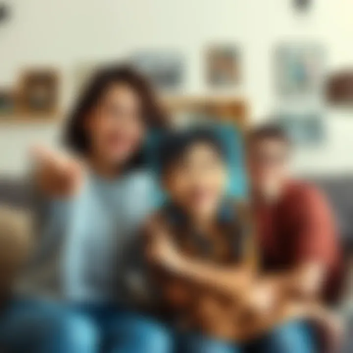Mother Celebrating Son A mother smiling proudly while playfully pointing at a photo of her son, who has a mischievous grin. The setting shows a cozy living room with family photos in the background.