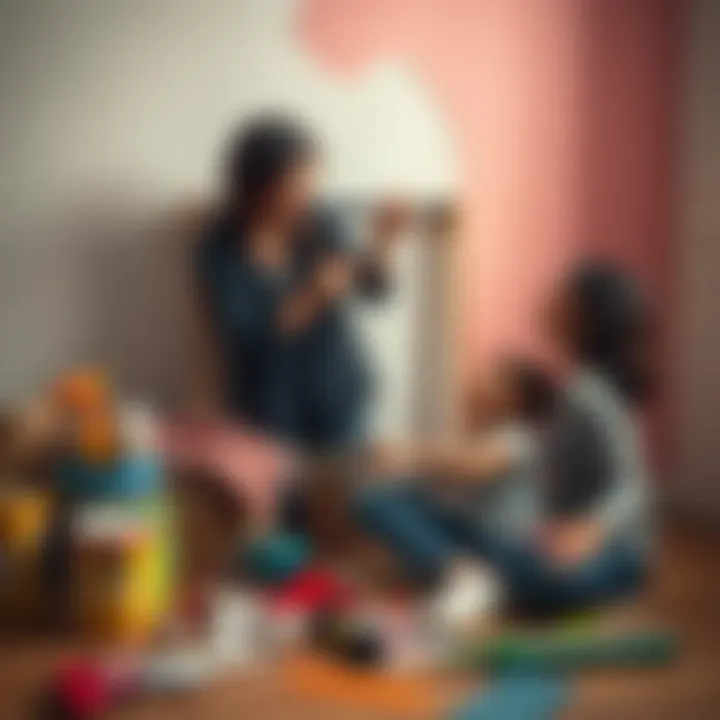 A mother and her child humorously struggle to detach a shoe rack, surrounded by paint supplies and a half-painted wall, showcasing the chaos of home improvement