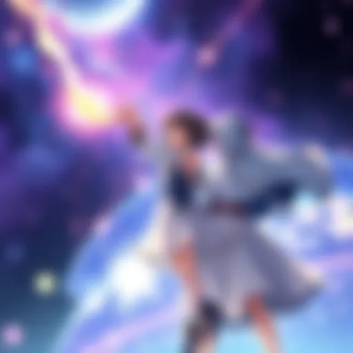 Minaka teaches her daughter Yumeko to use space magic, showcasing warping and teleportation techniques against a cosmic backdrop.
