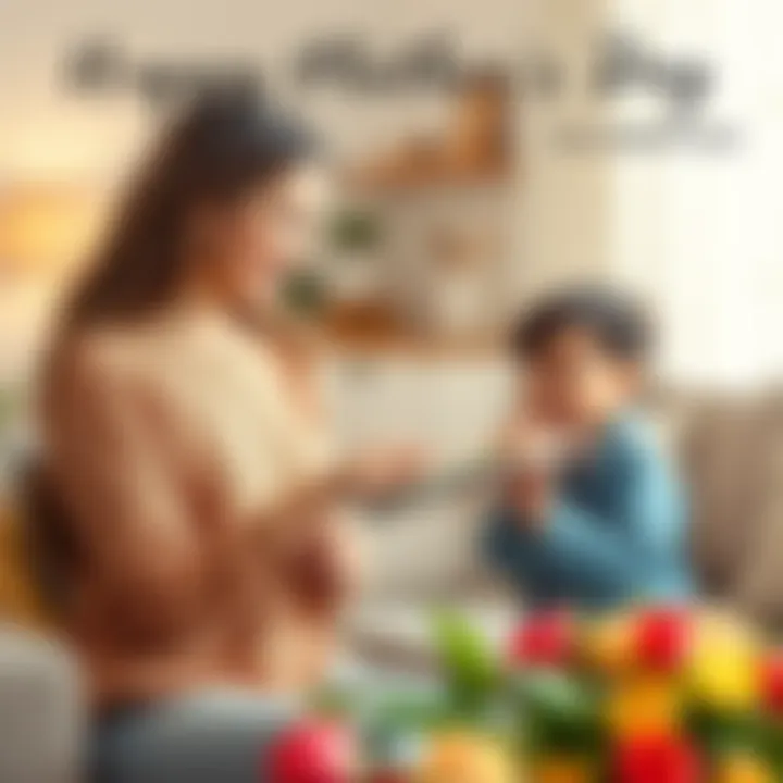 A mother receives a handmade card and flowers from her child, smiling joyfully in a cozy living room setting.