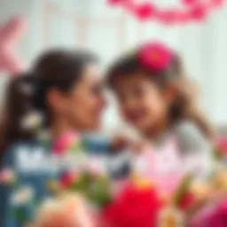 A mother and child sharing a joyful moment with flowers and handmade gifts on Mother's Day