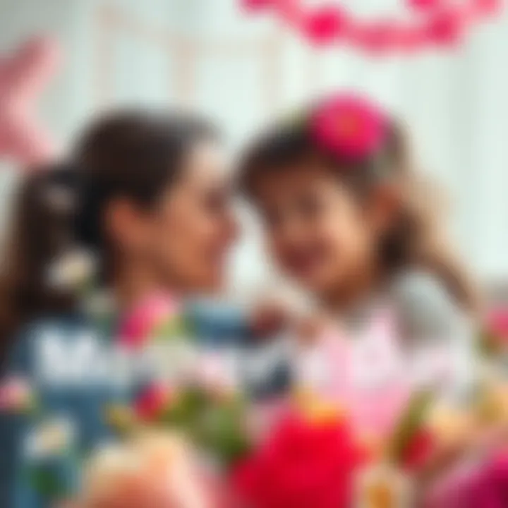 A mother and child sharing a joyful moment with flowers and handmade gifts on Mother's Day