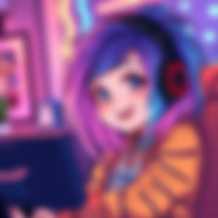 Illustration of independent vtuber MotherV3 with colorful hair and a playful expression, streaming a game with a lively background.