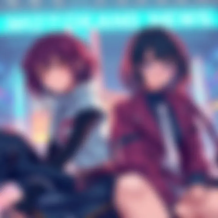 A dynamic artwork featuring Motoko and Lain, highlighting their unique styles and themes in a vibrant setting.