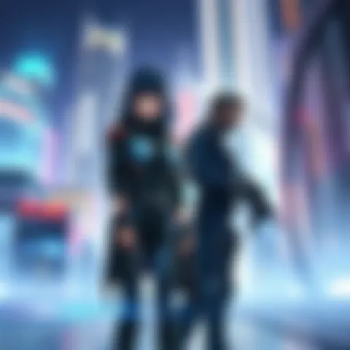 Motoko Kusanagi from Ghost in the Shell stands next to Solid Snake from Metal Gear Solid, both ready for action in a futuristic cityscape.