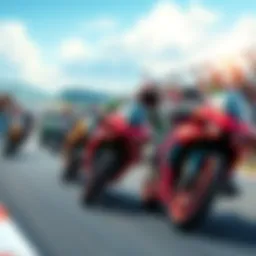 Motorcycle Racing Action A thrilling scene of motorcycle racers on a track, showcasing real bikes and speed, surrounded by cheering fans.