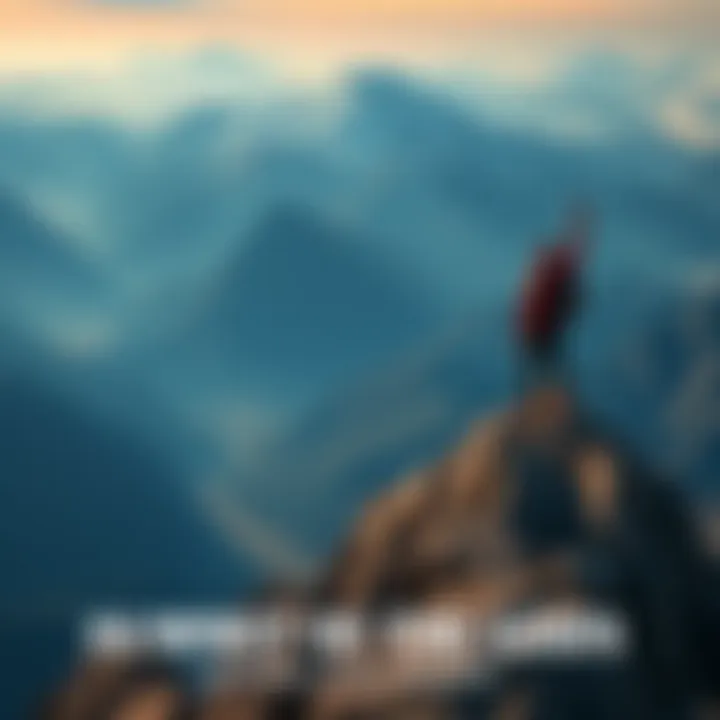A determined climber stands triumphantly at the peak of a mountain, overlooking a breathtaking valley below.