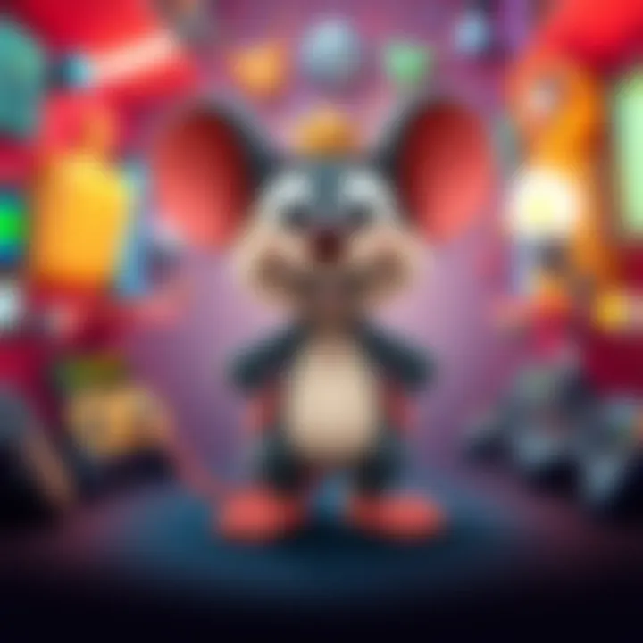 A cheerful cartoon mouse standing confidently with a playful expression, surrounded by iconic symbols of gaming and storytelling.