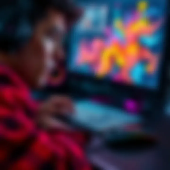 An artist creating a digital drawing using a computer mouse, focused on the screen with colorful artwork visible.