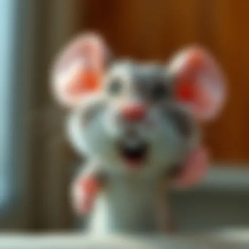A close-up of a cartoon mouse making a squeaking sound