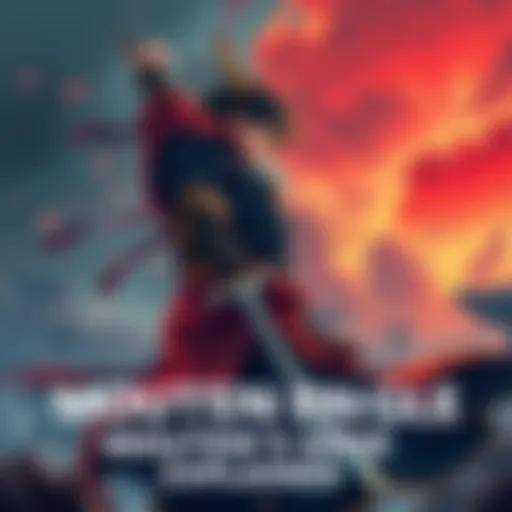 Mouten stands confidently with a sword drawn, strategizing for the conflict against Aisen and Rikusen. A tense battlefield looms in the background.