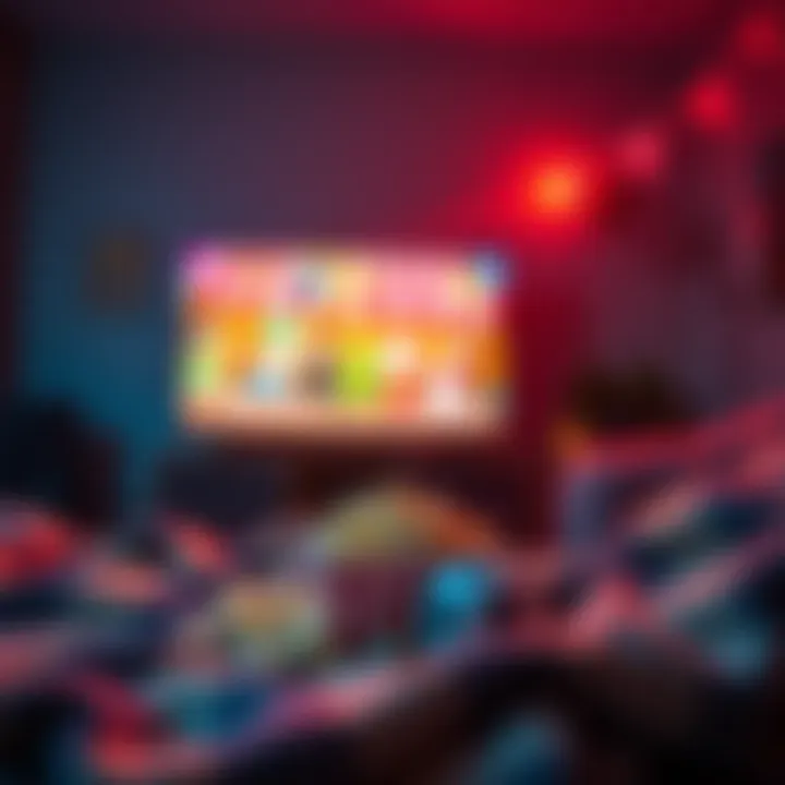 Cozy setup for a movie night featuring popcorn, a cozy blanket, and a bright TV screen playing a colorful animated film