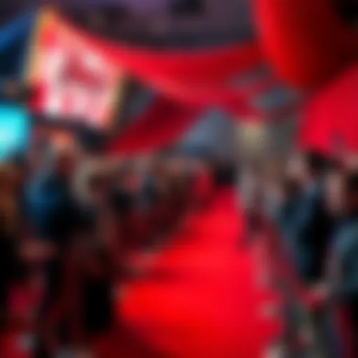 A vibrant red carpet scene at the movie premiere with attendees posing and flashing cameras.