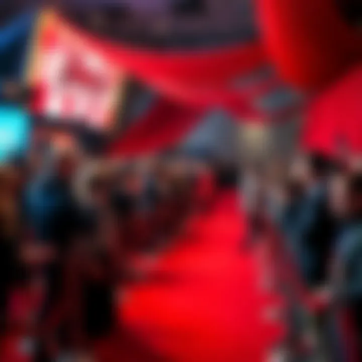 Movie Premiere Red Carpet A vibrant red carpet scene at the movie premiere with attendees posing and flashing cameras.