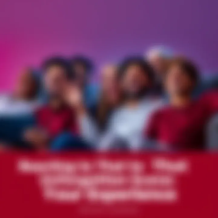 A diverse group of friends reacting emotionally while watching a film on a couch, displaying laughter and surprise.