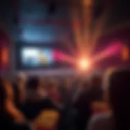 A crowded movie theater showing a popular film with people watching on the big screen, popcorn in hand.