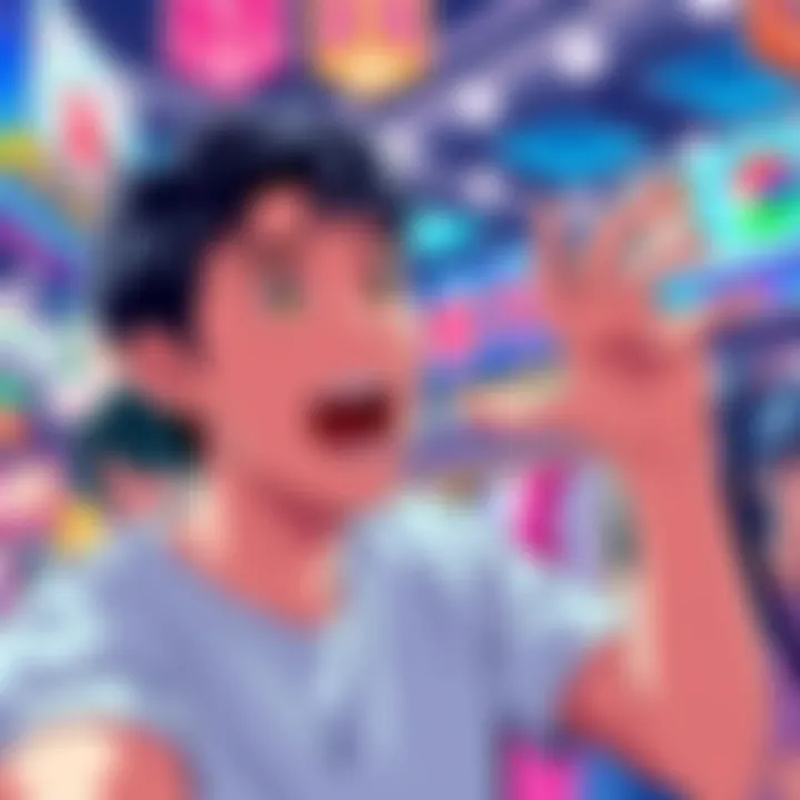 A person excitedly discussing the anime MP100, inviting others to critique and rate it, with a colorful background representing anime culture