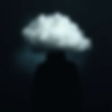 A shadowy figure representing Mr. Depression, with a heavy cloud hovering above, symbolizing sadness and mental health struggles.