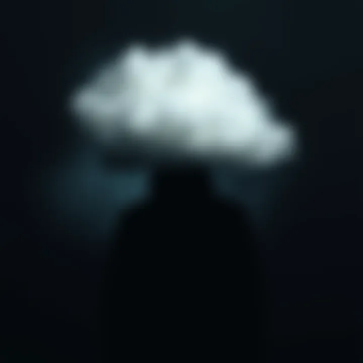 A shadowy figure representing Mr. Depression, with a heavy cloud hovering above, symbolizing sadness and mental health struggles.