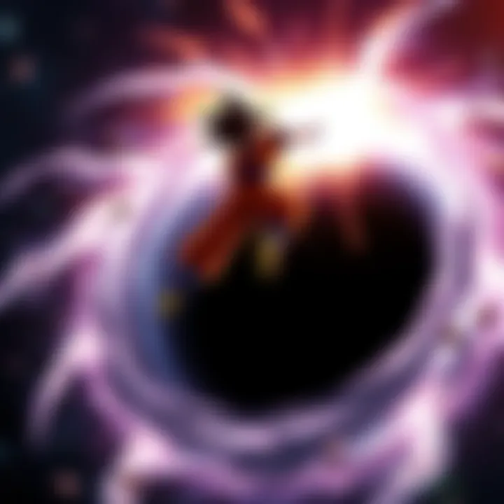 MUI Goku fires Kamehameha at black hole MUI Goku unleashing a powerful Kamehameha wave toward the giant TON 618 black hole in space