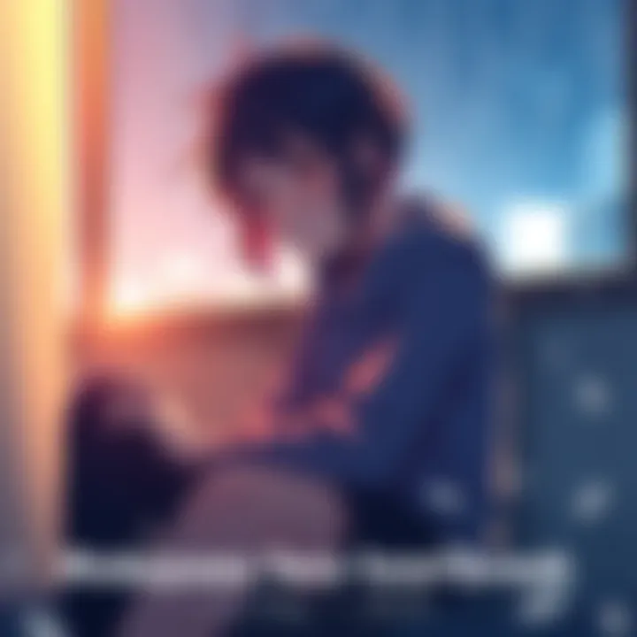 Mukyuu sitting alone with a sad expression, rain falling outside a window