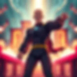 Multi Saitama in Action A stylized depiction of Multi Saitama demonstrating strength and power against a backdrop of hyper gates, showcasing his formidable abilities.