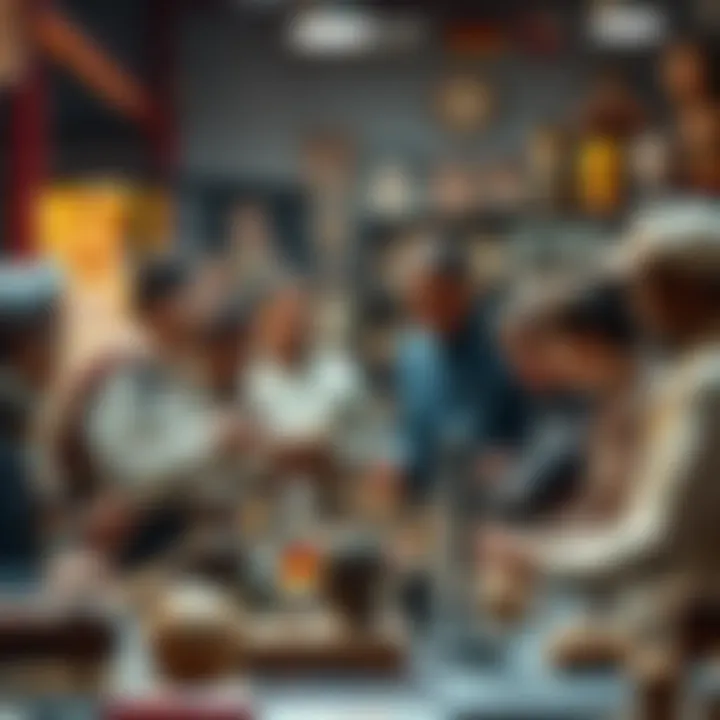 A diverse group of collectors from different backgrounds discussing their collections and sharing stories, with various cultural items displayed around them.