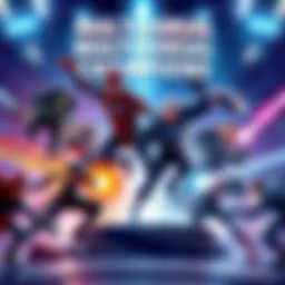 Battle of Multiversal Champions Illustration showing heroes from different universes fighting in an epic arena, with vibrant colors and intense expressions.