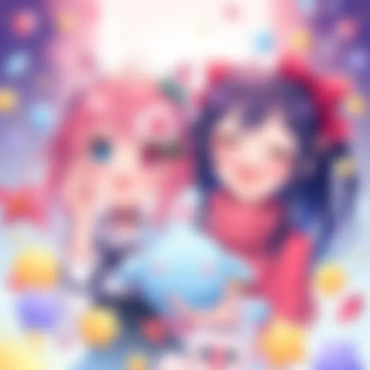 Mumei and Ina Character Art Colorful illustration of Mumei and Ina, both smiling and surrounded by various fun elements, showcasing their personalities.