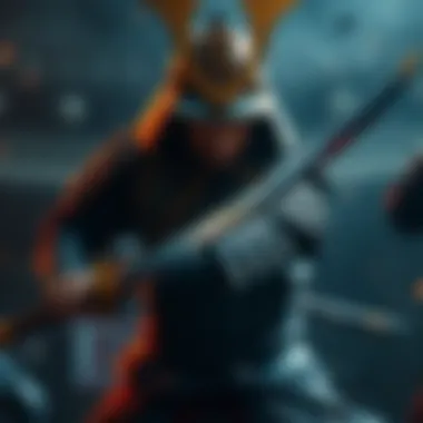 A fierce warrior in traditional samurai armor holds a sword, ready for combat, symbolizing Musashi's violent path to power.