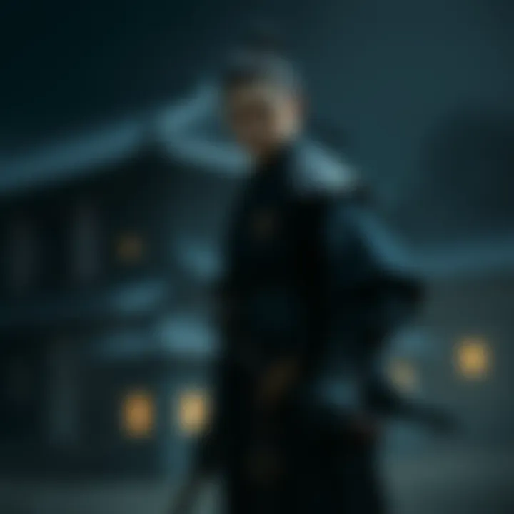 Musashi stands confidently in a dark outfit, his red eyes glowing as he prepares for an ambush at night.