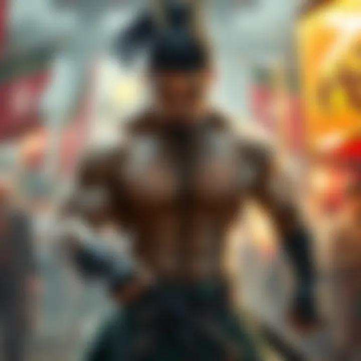 Musashi preparing for battle Musashi stands ready for a fight, muscles tensed and a determined look on his face, surrounded by hints of the Baki series universe.