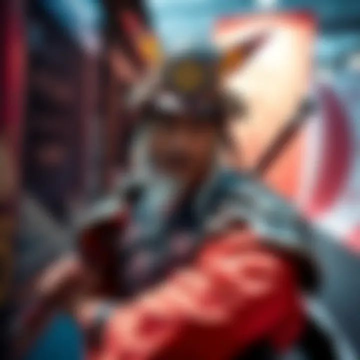 A person dressed as Musashi in a detailed costume, showcasing samurai armor and traditional clothing, posing dramatically at a cosplay event.