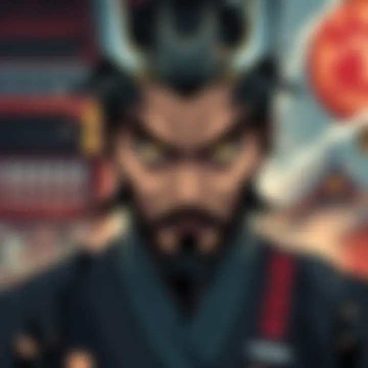 A depiction of Musashi from manga, showing his intense gaze and unsettling presence with traditional Japanese elements in the background.