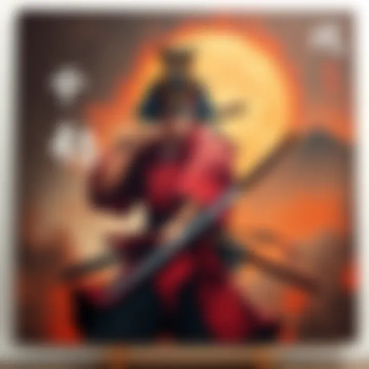 A hand-painted tribute of Musashi Miyamoto on a large canvas, showcasing the samurai in a dynamic pose with traditional attire and a sword, inspired by the Vagabond manga.