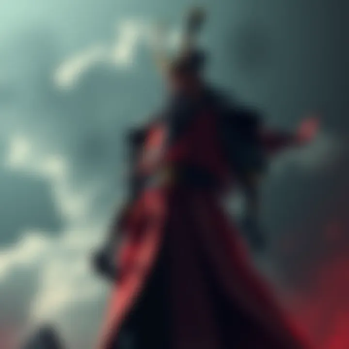 Musashi depicted as a towering figure, symbolizing his growing strength and presence in the storyline, with a dramatic background that emphasizes his size.