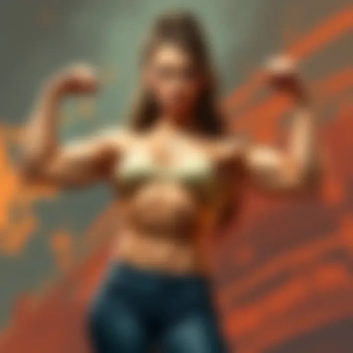 A strong and confident muscular woman poses in an artistic depiction, showcasing empowerment and strength.