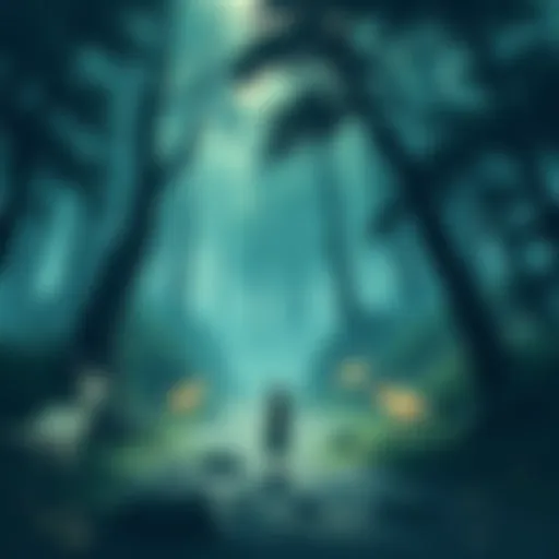 A serene forest setting depicting ethereal creatures and a lone traveler, capturing the calm and reflective mood of Mushishi.
