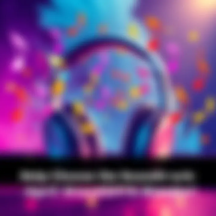 A vibrant illustration of music notes surrounding a pair of headphones, symbolizing community involvement in choosing songs for an event.