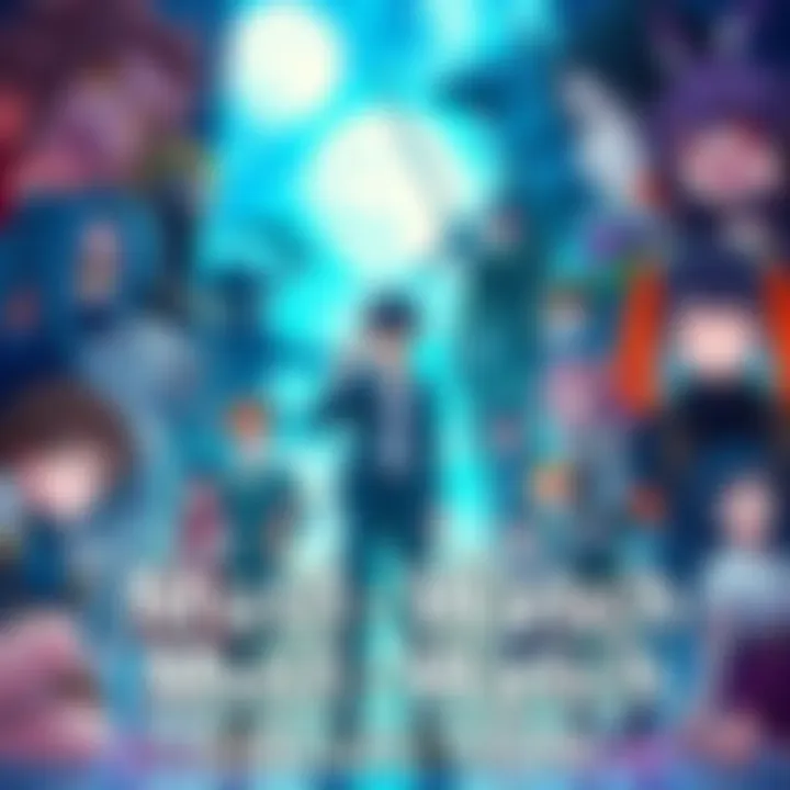 A colorful display of popular anime series including Death Note and Vinland Saga alongside illustrations of their main characters