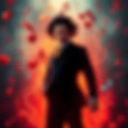 Muzan stands with a dramatic expression, surrounded by musical notes symbolizing his influence through music.