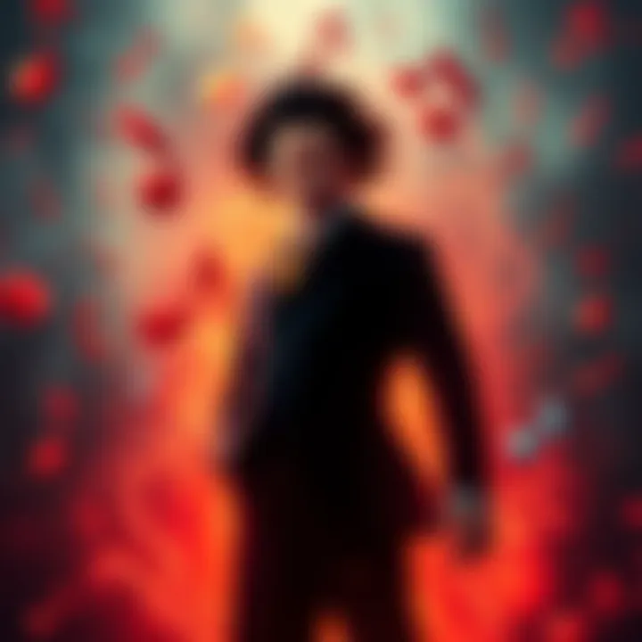 Muzan stands with a dramatic expression, surrounded by musical notes symbolizing his influence through music.