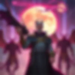 Muzan stands confidently while choosing three new demons to join the Upper Moons, with vibrant energy in the background.
