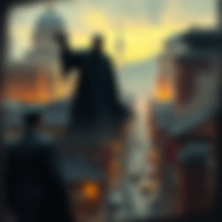 A dark figure representing Muzan looming over a 1912 cityscape, hinting at a potential disaster with shadowy figures in the background.