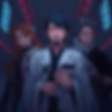 Tamayo, Kokushibo, and Akaza stand together, showing their loyalty to Muzan with serious expressions in a dark setting.