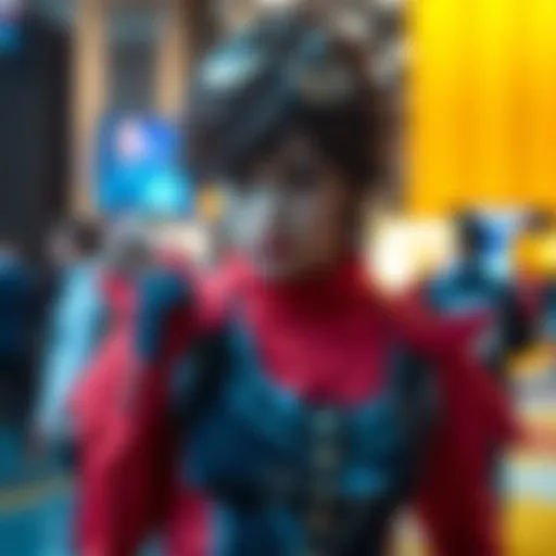 A cosplayer dressed as My Charming Man showcasing creative details and vibrant colors of the costume at a convention.