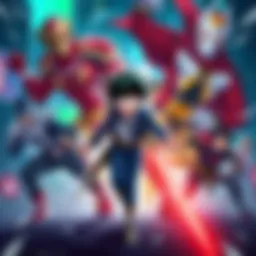 A colorful fan art illustration inspired by My Hero Academia, featuring unique superheroes in action poses with a dynamic city background.