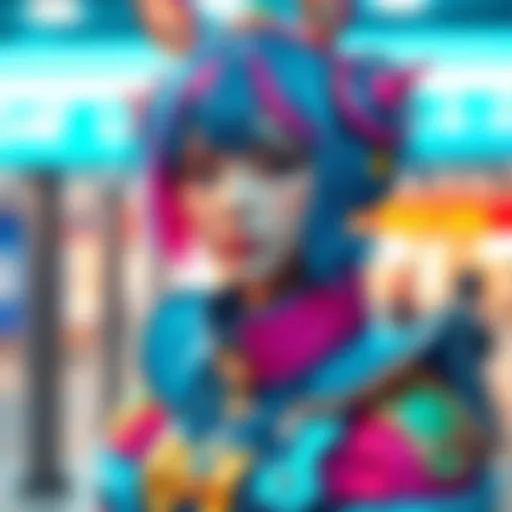 A person dressed in a detailed My Aira costume, showcasing vibrant colors and intricate design elements.