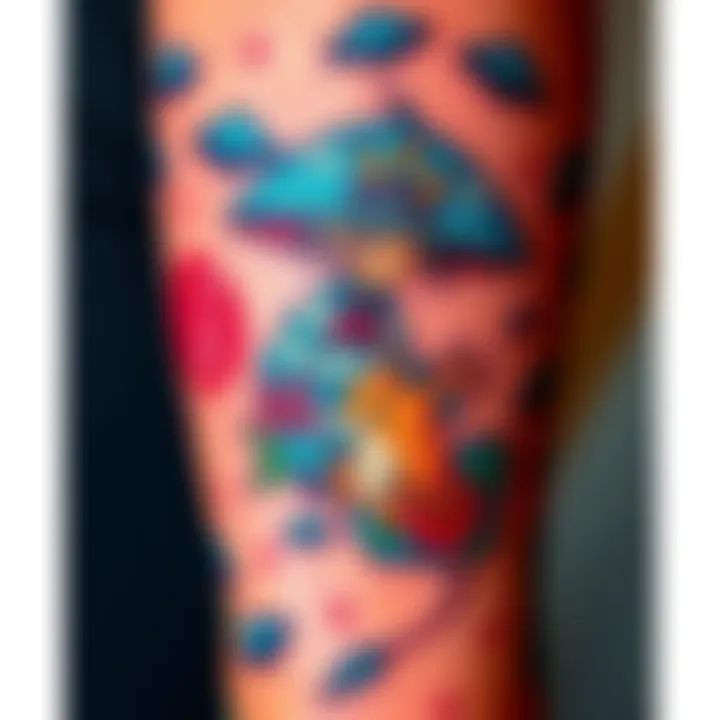 A vibrant tattoo inspired by Studio Ghibli, featuring whimsical elements and characters, displayed on an arm
