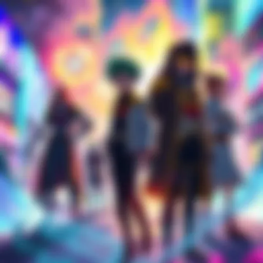 A colorful scene depicting a character from My Hero Academia standing in a vibrant world, ready for adventure with other heroes in the background.